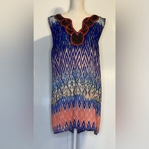 Maurices Bohemian Blouse Size 2X Sheer Zigzag Print Beaded Neckline